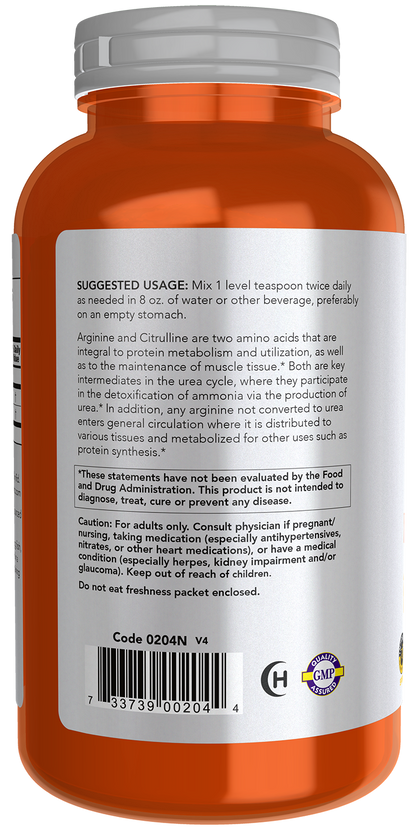 NOW Sports, Arginine & Citrulline Powder, 1:1 Ratio, Amino Acid, 12 oz