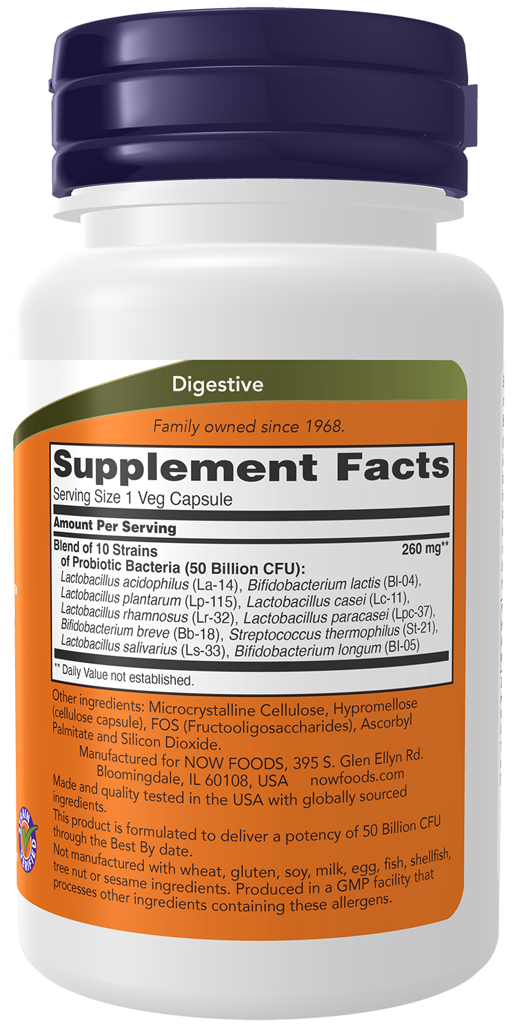 NOW Supplements, Probiotic-10™, 50 Billion, with 10 Strains, 50 Veg Caps