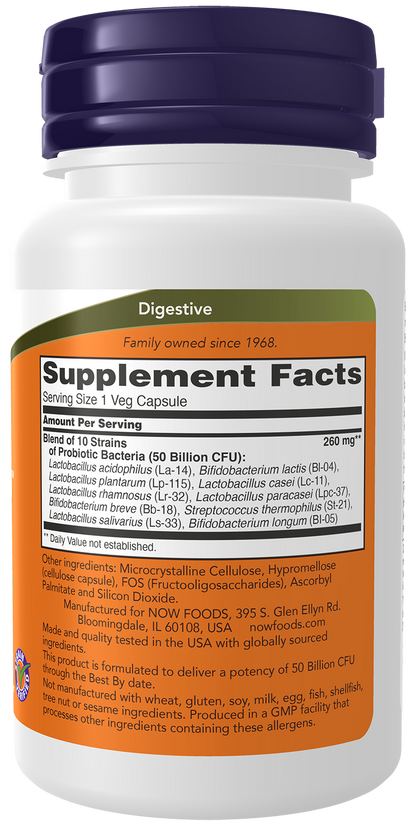 NOW Supplements, Probiotic-10™, 50 Billion, with 10 Strains, 50 Veg Caps