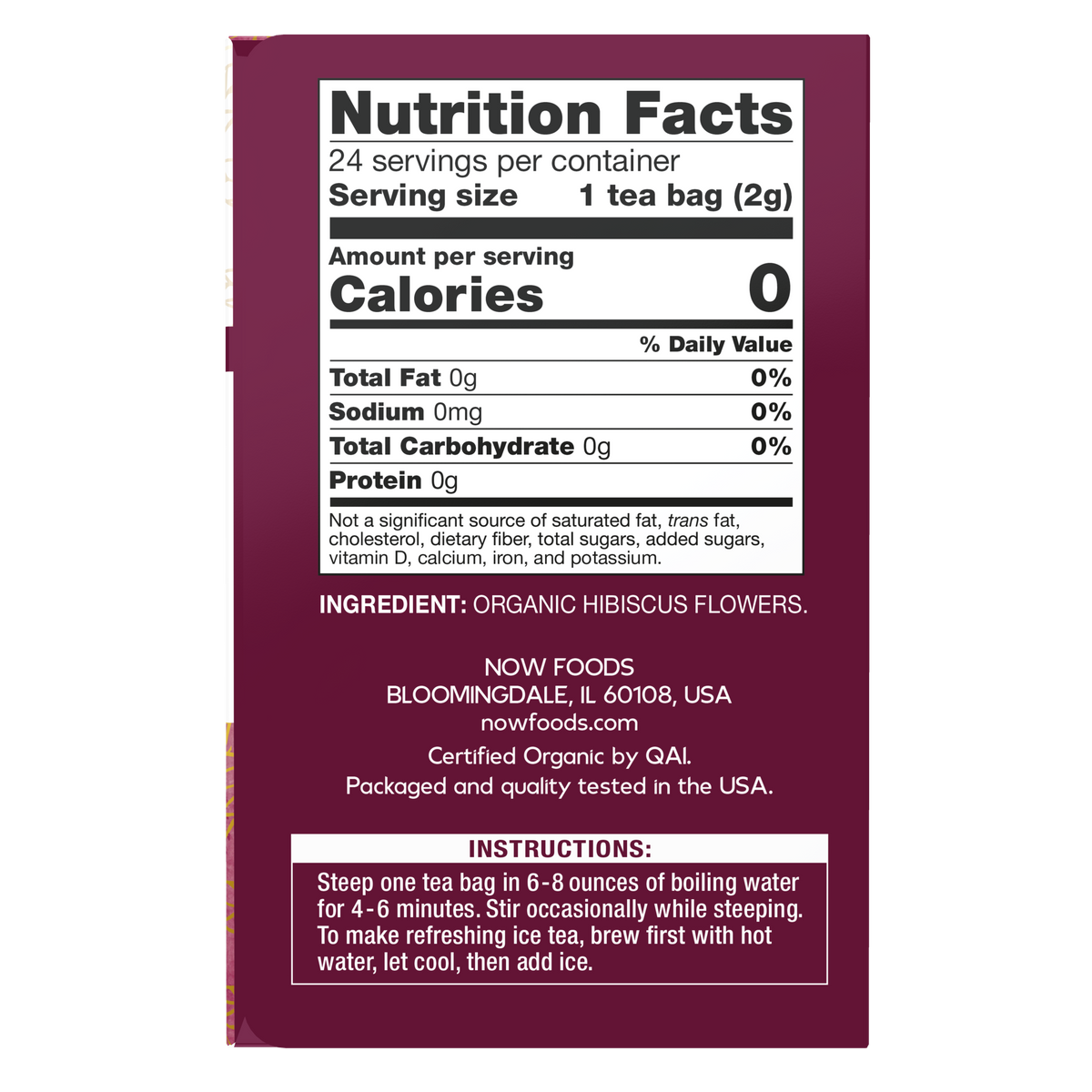 NOW Foods, Organic Hibiscus Tea, Caffeine-Free, 24-Count