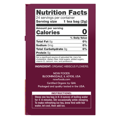 NOW Foods, Organic Hibiscus Tea, Caffeine-Free, 24-Count