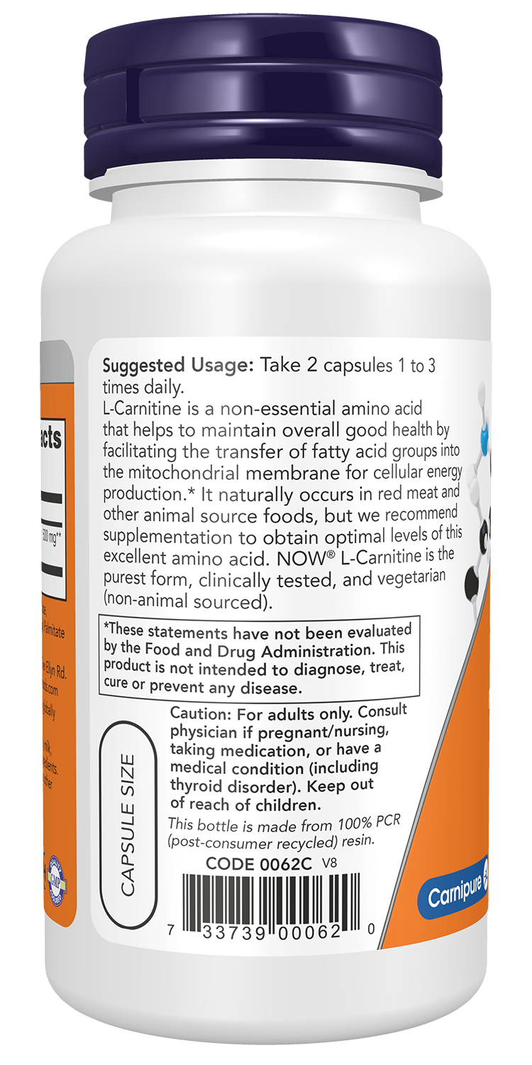 NOW Supplements, L-Carnitine 250 mg, Purest Form, Amino Acid, 60 Veg Caps