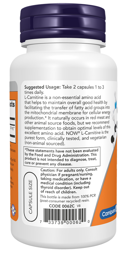 NOW Supplements, L-Carnitine 250 mg, Purest Form, Amino Acid, 60 Veg Caps