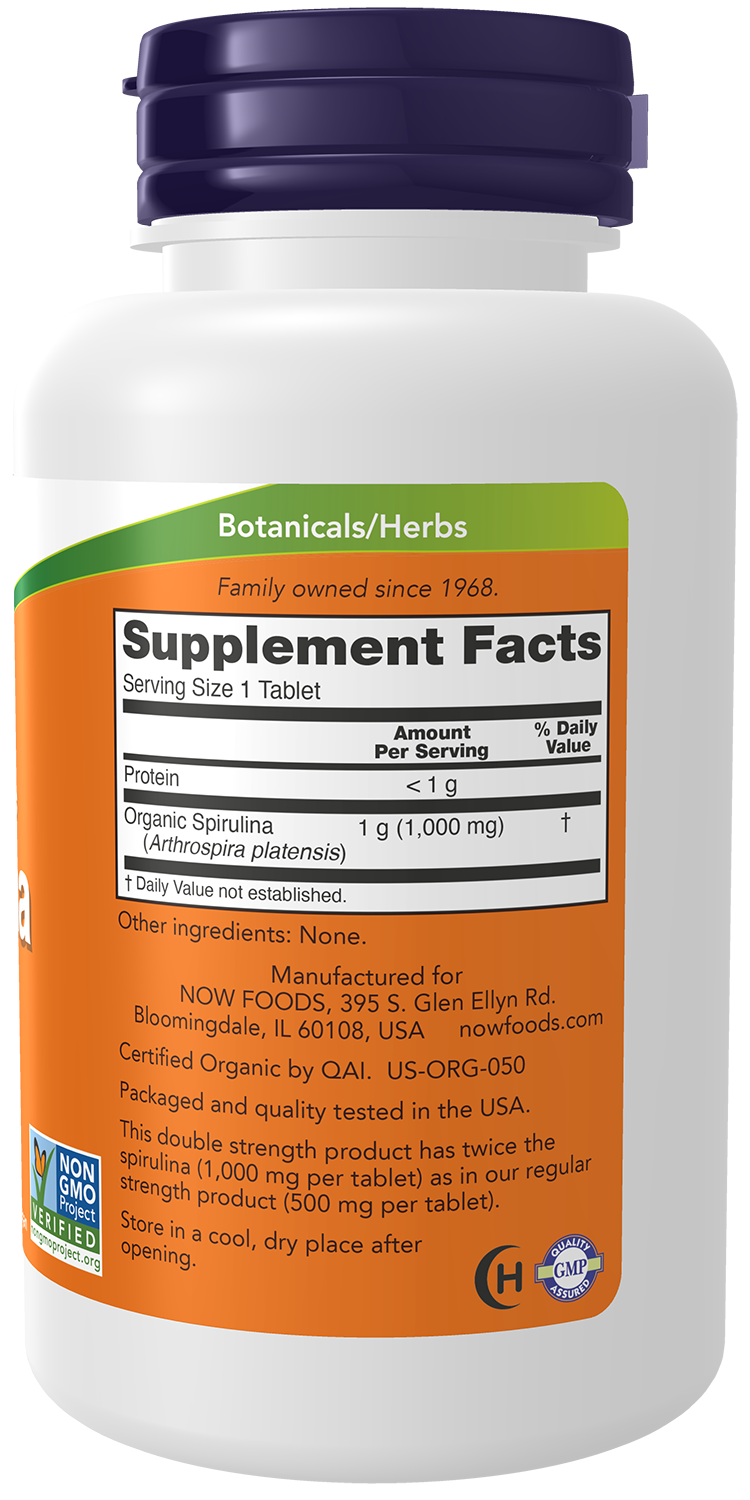 NOW Supplements, Organic Spirulina 1,000 mg, Double Strength, 120 Tabs