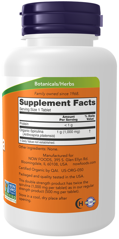 NOW Supplements, Organic Spirulina 1,000 mg, Double Strength, 120 Tabs