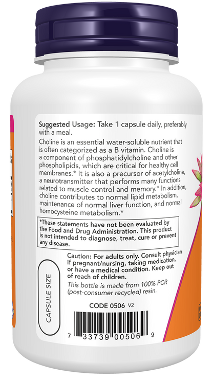 NOW Supplements Choline 300 mg, 100 Veg Capsules - Supports Nervous System and Liver Health*, Vegan