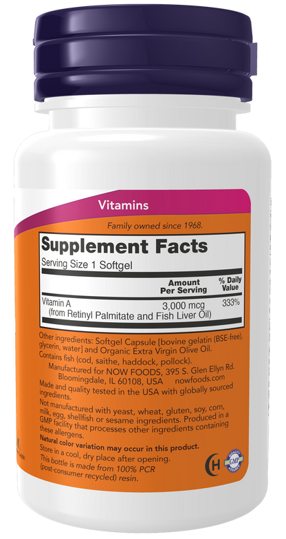 NOW Supplements, Vitamin A 10,000 IU, Eye Health*, 100 Softgels
