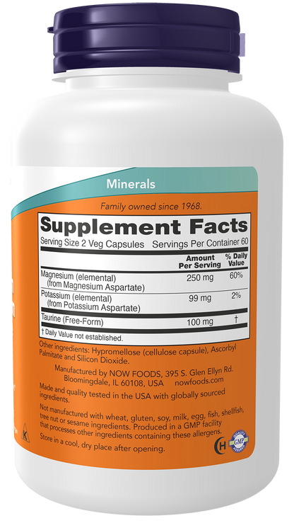 NOW Supplements, Magnesium & Potassium Aspartate with Taurine, 120 Veg Caps