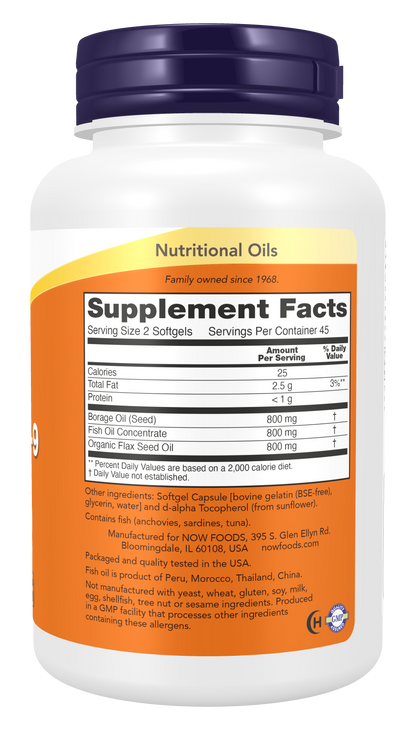 NOW Supplements, Super Omega 3-6-9 Oil Fish, Borage, Flax Seed, 90 Softgels