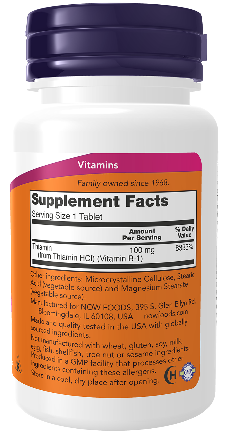 NOW Supplements, Vitamin B-1 100 mg, Nervous System Health*, 100 Tabs