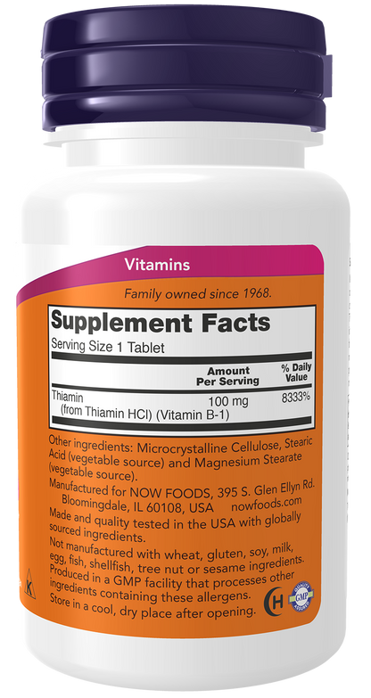 NOW Supplements, Vitamin B-1 100 mg, Nervous System Health*, 100 Tabs