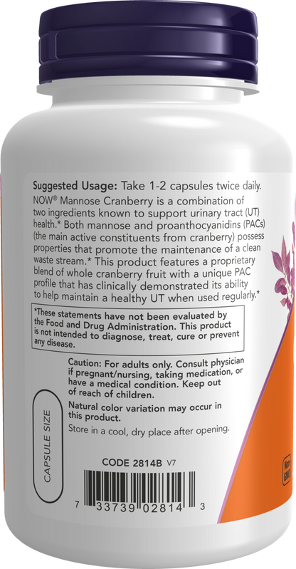 NOW Supplements, Mannose Cranberry, Dual Action Formula*, 90 Veg Caps