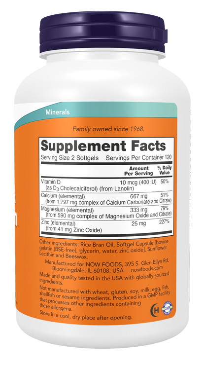 NOW Supplements, Calcium & Magnesium with Vitamin D-3 and Zinc, Supports Bone Health*, 240 Softgels