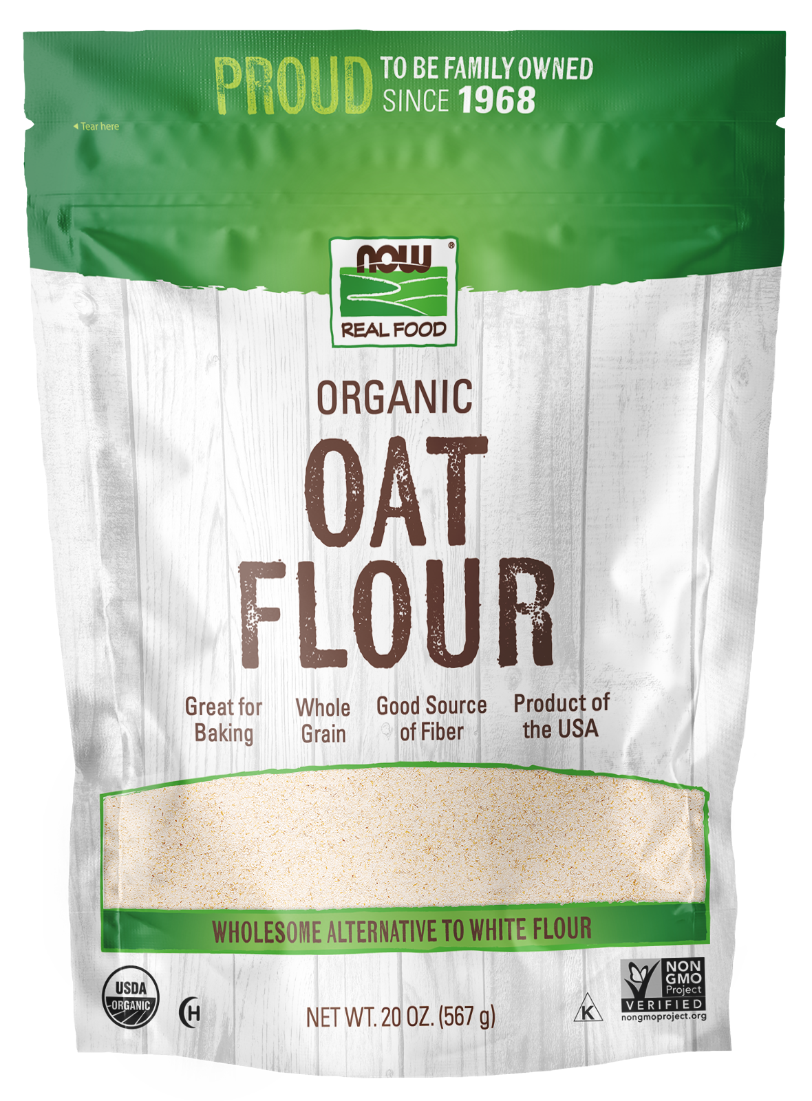 NOW Foods, Organic Oat Flour, Whole Grain, Good Source of Fiber, 20 oz