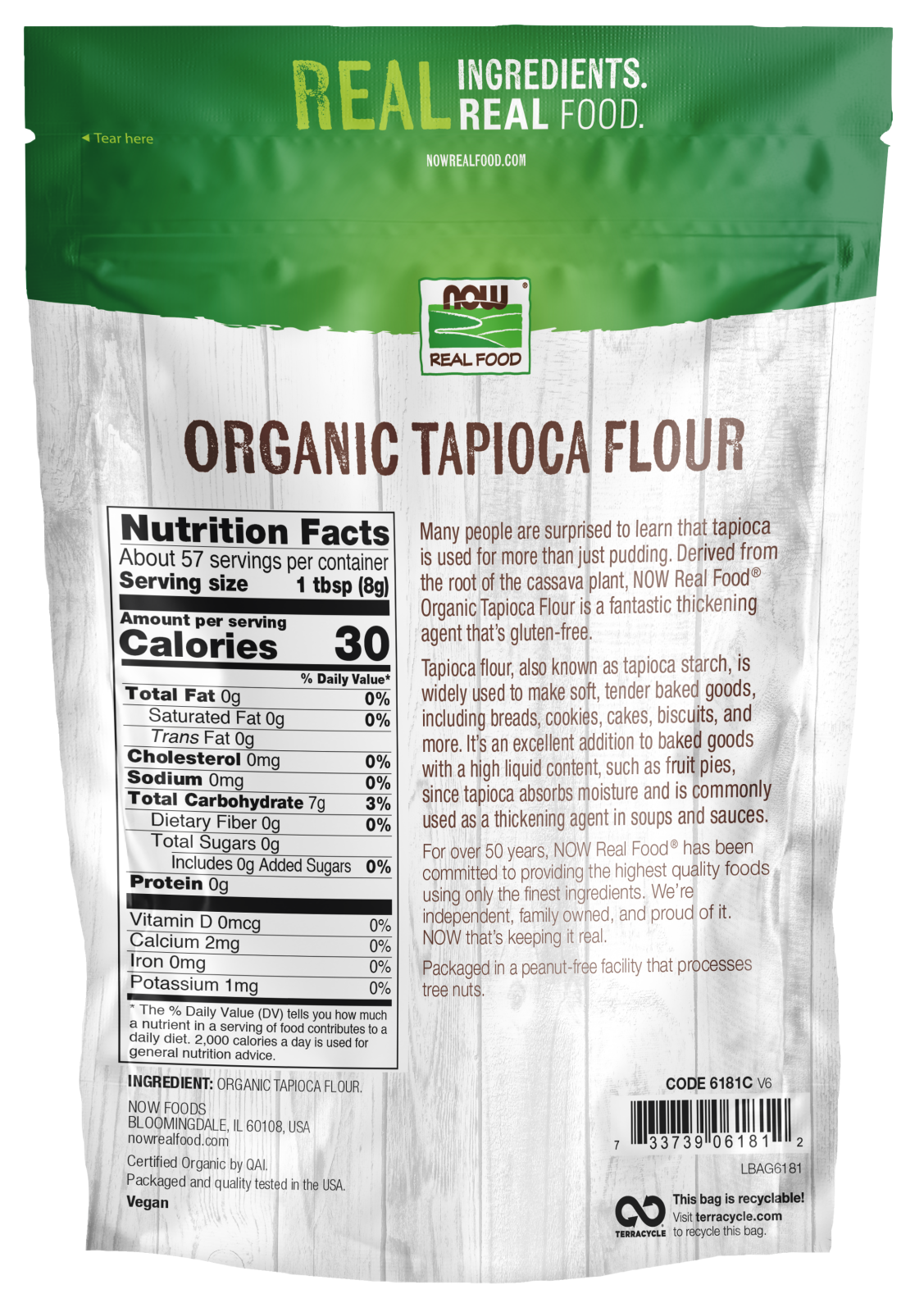 NOW Foods, Organic Tapioca Flour, Gluten-Free, Flour Replacement, 16 oz