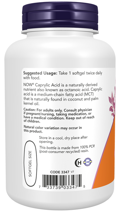 NOW Supplements, Caprylic Acid  600 mg, MCT, 100 Softgels