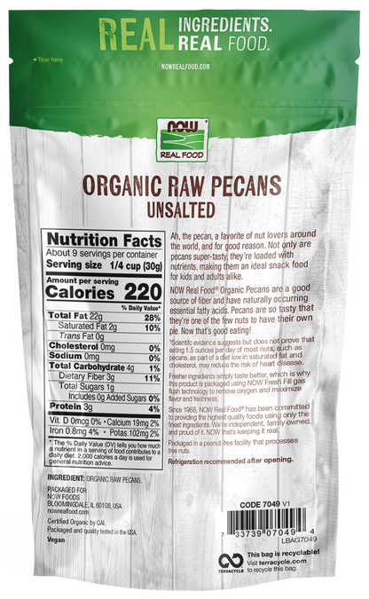 NOW Foods, Organic Pecans, Raw, Unsalted, no added oils, 10 oz