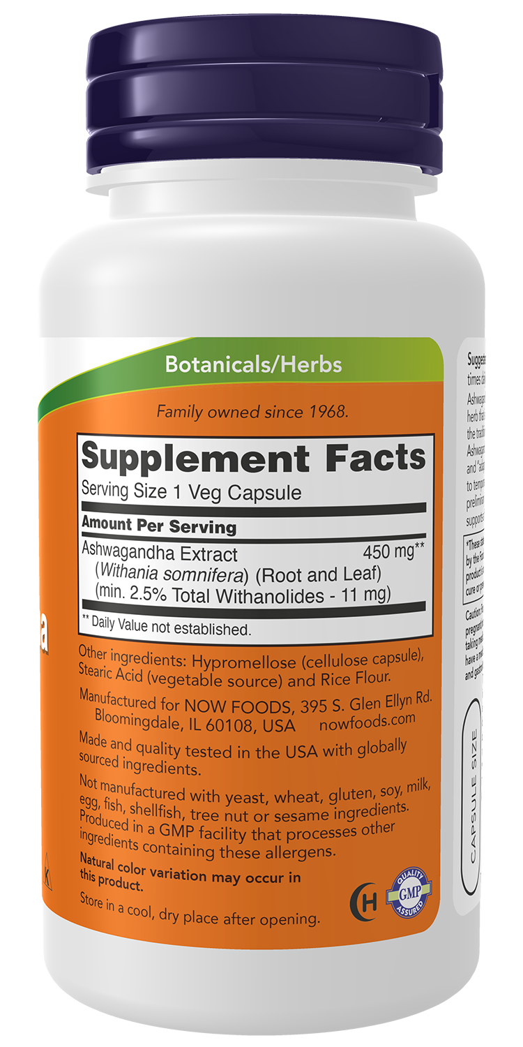 NOW Supplements, Ashwagandha 450 mg (Standardized Extract), 90 Veg Caps