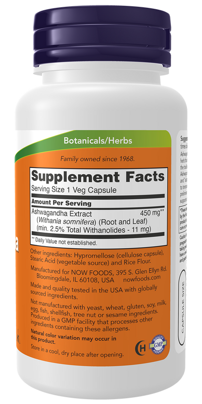 NOW Supplements, Ashwagandha 450 mg (Standardized Extract), 90 Veg Caps