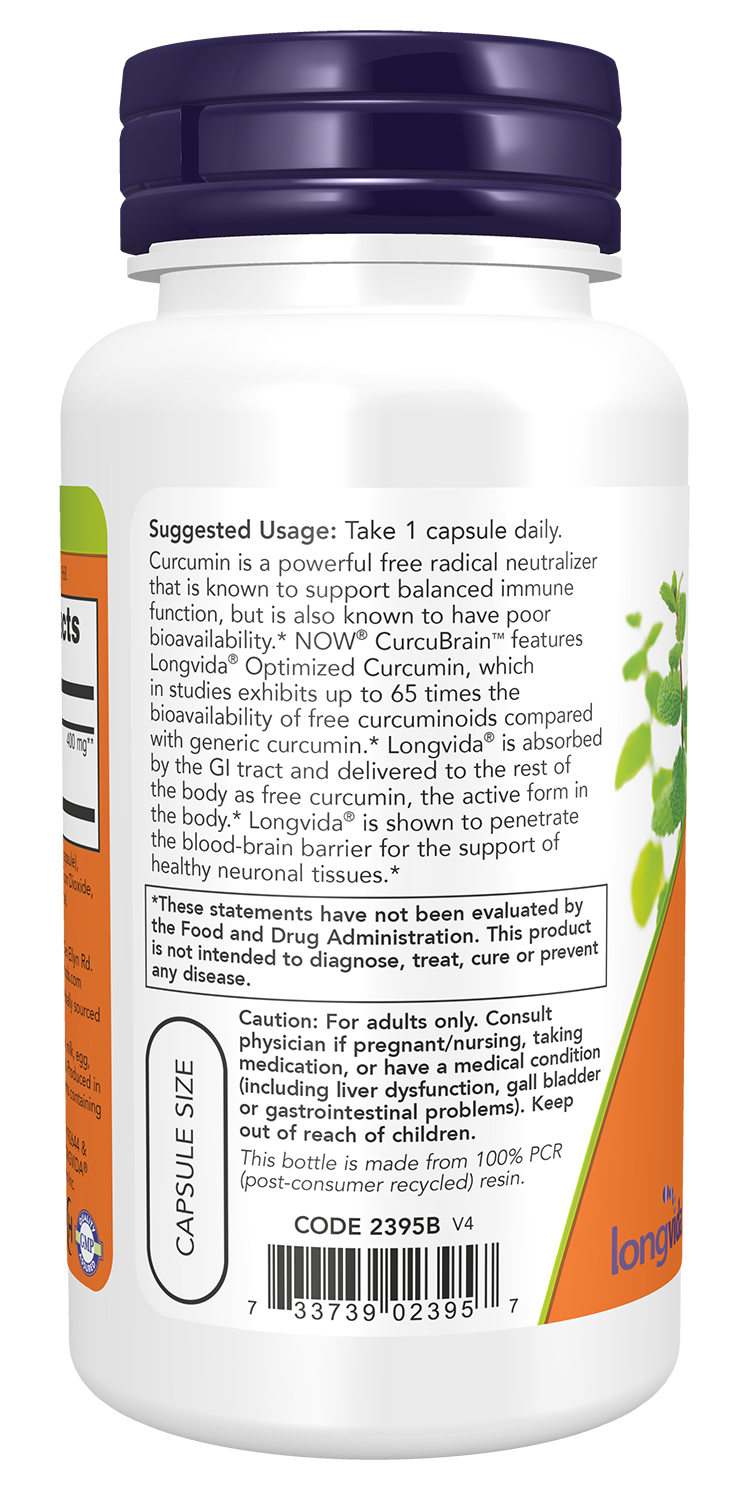 NOW Supplements, CurcuBrain™ 400 mg with Longvida® Curcumin, 50 Veg Caps