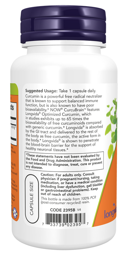 NOW Supplements, CurcuBrain™ 400 mg with Longvida® Curcumin, 50 Veg Caps