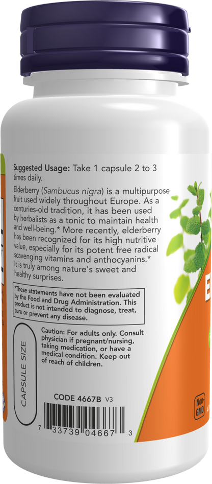 NOW Supplements, Elderberry (Sambucus nigra) 500 mg, 60 Veg Caps
