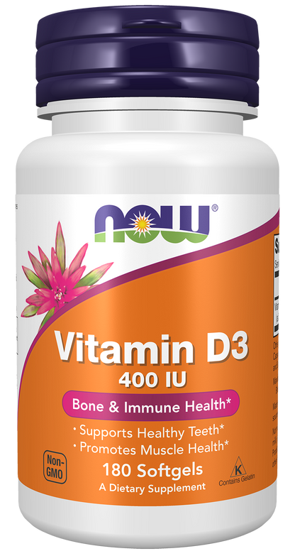 NOW Supplements, Vitamin D-3 400 IU, Strong Bones*, 180 Softgels