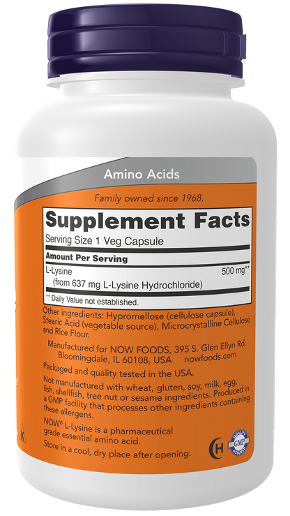 NOW Supplements, L-Lysine 500 mg, Amino Acid, 100 Veg Caps