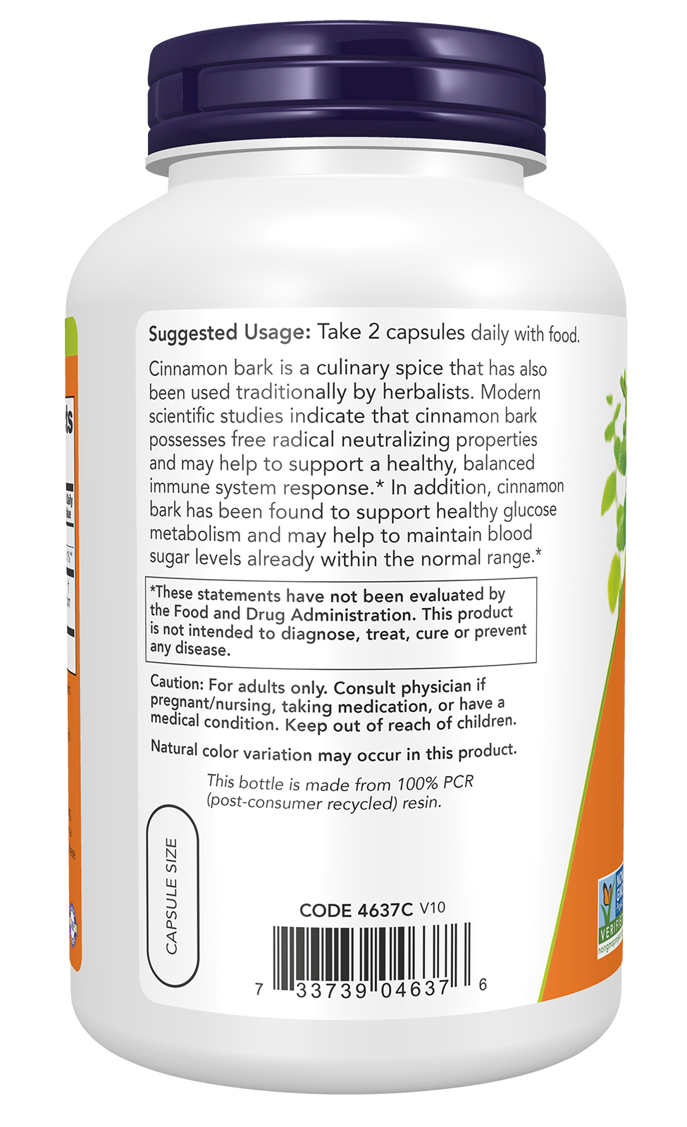 NOW Supplements, Cinnamon Bark 600 mg, Non-GMO Project Verified, Healthy Glucose Metabolism*, 240 Veg Capsules