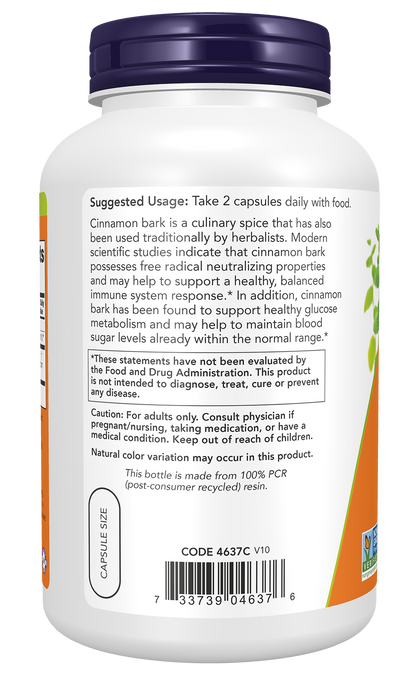 NOW Supplements, Cinnamon Bark 600 mg, Non-GMO Project Verified, Healthy Glucose Metabolism*, 240 Veg Capsules