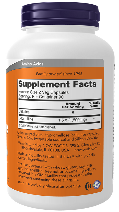 NOW Supplements, L-Citrulline 750 mg, Amino Acid, 180 Veg Caps