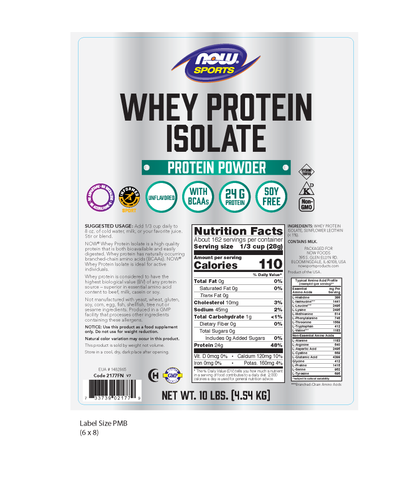 NOW Sports, Whey Protein Isolate 24 g With BCAAs, Unflavored Powder, 10 lbs