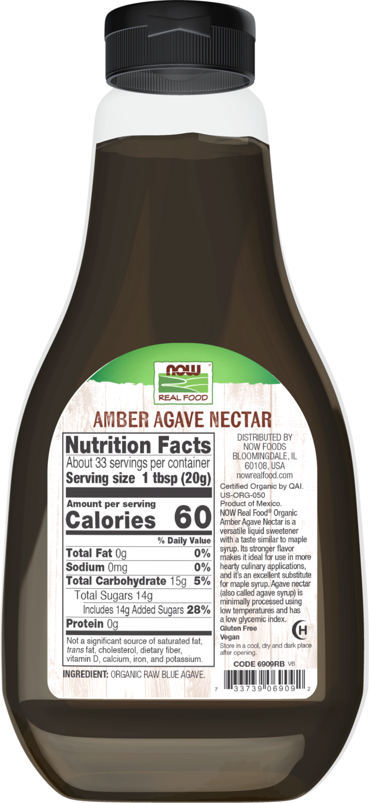 NOW Foods, Certified Organic Amber Agave Nectar, Blue Agave, 23.28 fl. oz