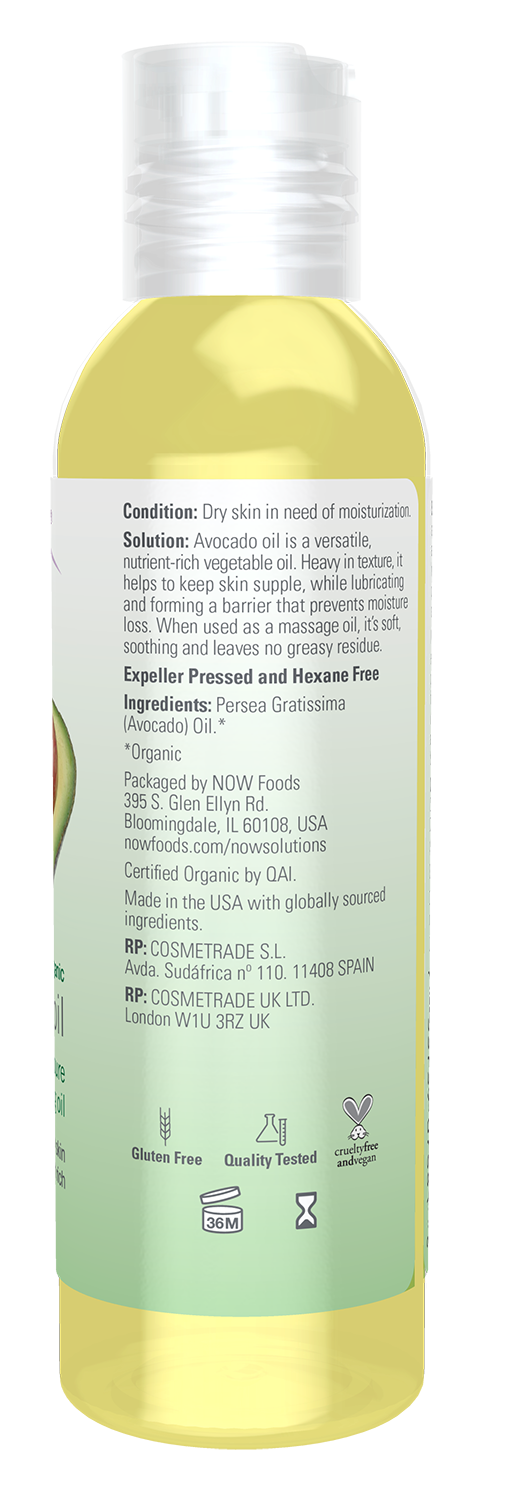 NOW Solutions, Organic Avocado Oil, Moisturizing and Softening, 4 fl. oz