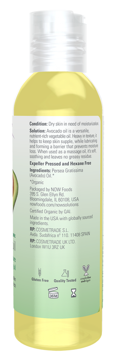 NOW Solutions, Organic Avocado Oil, Moisturizing and Softening, 4 fl. oz