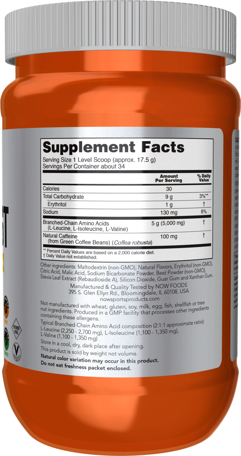 NOW Sports, BCAA Blast Powder, 5g, 100 mg Caffeine, Tropical Punch, 600 g