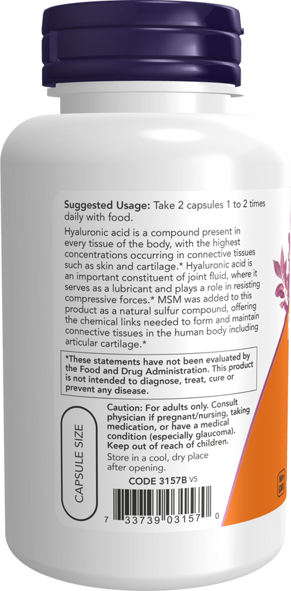 NOW Supplements, Hyaluronic Acid 50 mg, MSM, Joint Support*, 120 Veg Caps