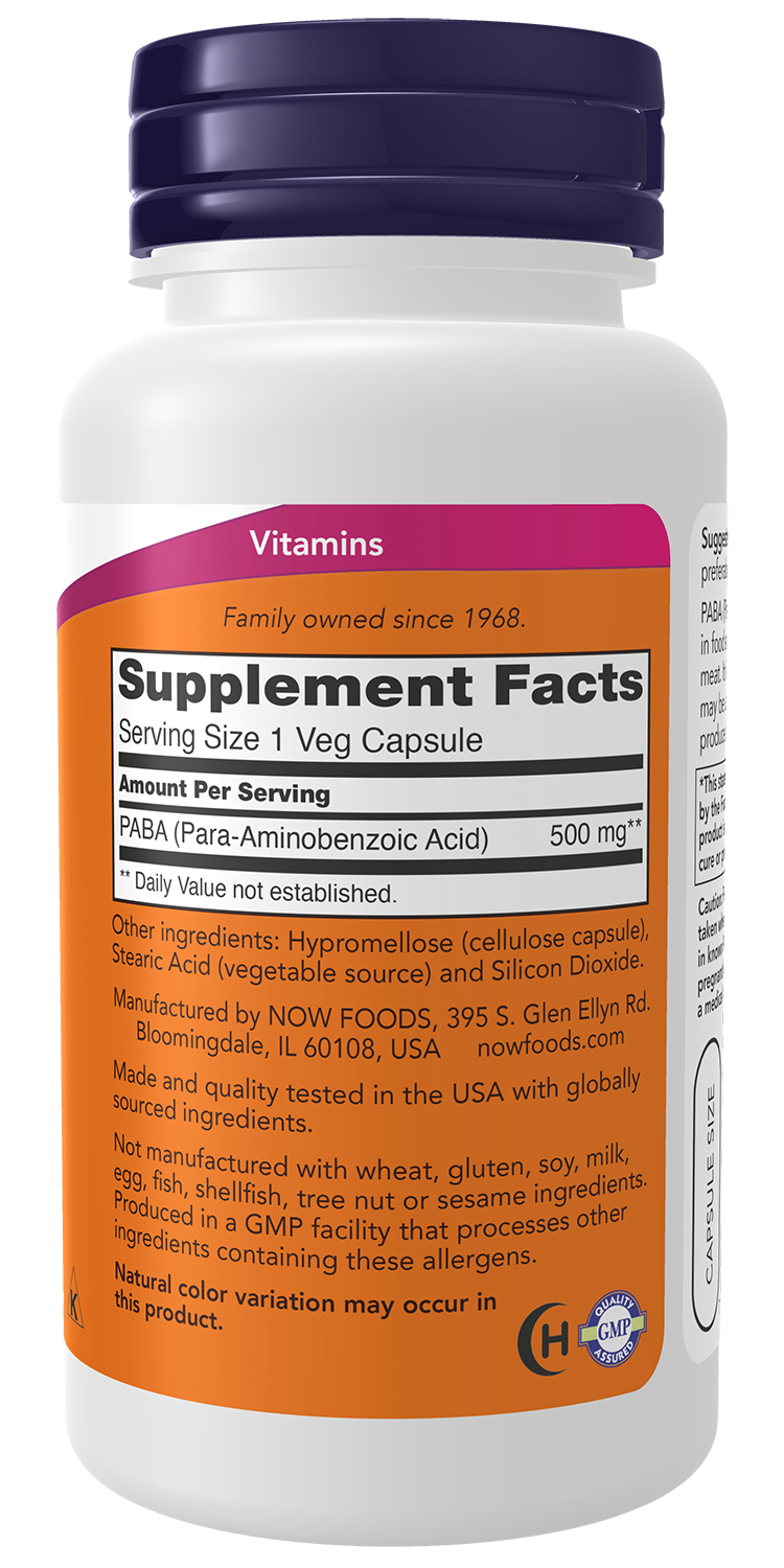 NOW Supplements, PABA 500 mg, B-Complex Family, 100 Caps
