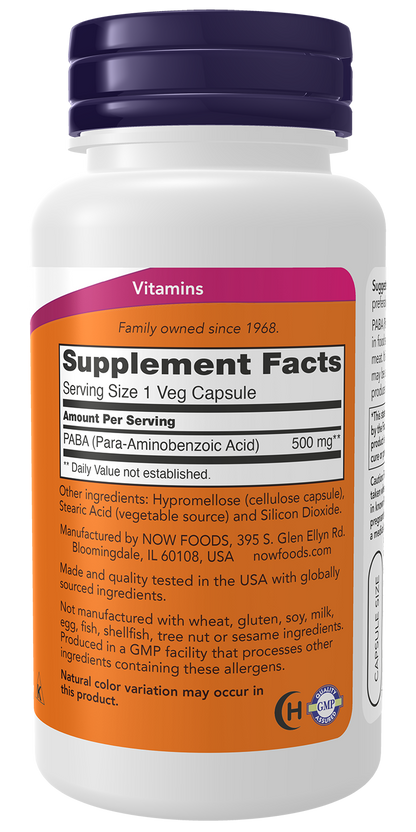 NOW Supplements, PABA 500 mg, B-Complex Family, 100 Caps