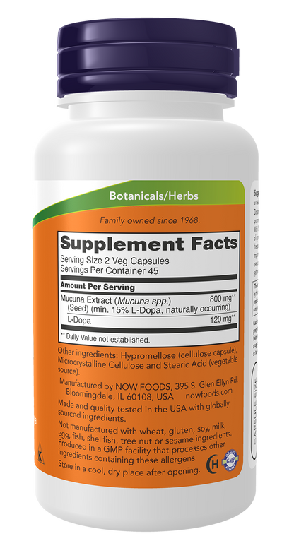 NOW Supplements, DOPA Mucuna, Standardized Mucuna Extract, 90 Veg Caps