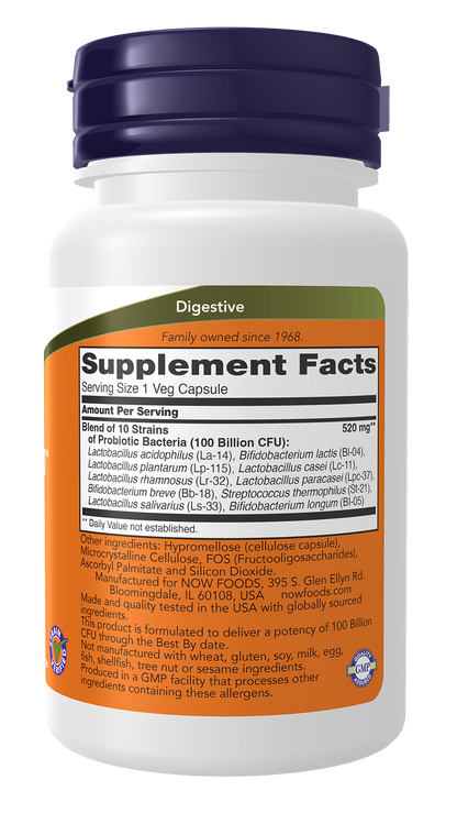 NOW Supplements, Probiotic-10™, 100 Billion, with 10 Strains, 30 Veg Caps