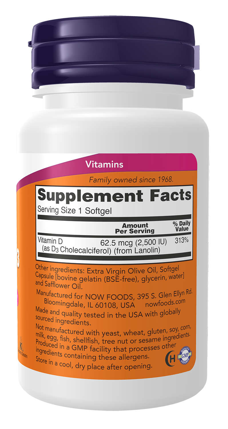 Now Supplements, Vitamin D3, 2,500 IU, Bone & Immune Health*, 180 Softgels