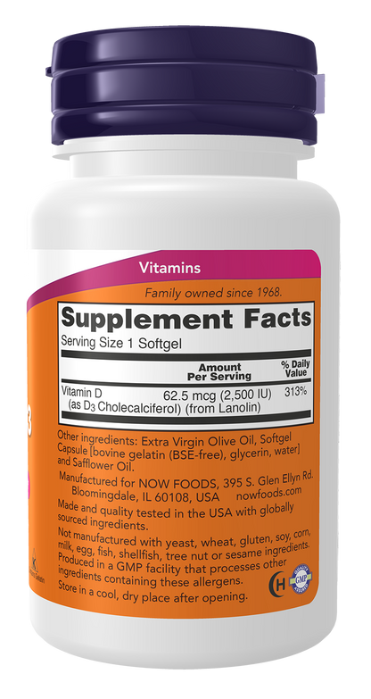 Now Supplements, Vitamin D3, 2,500 IU, Bone & Immune Health*, 180 Softgels
