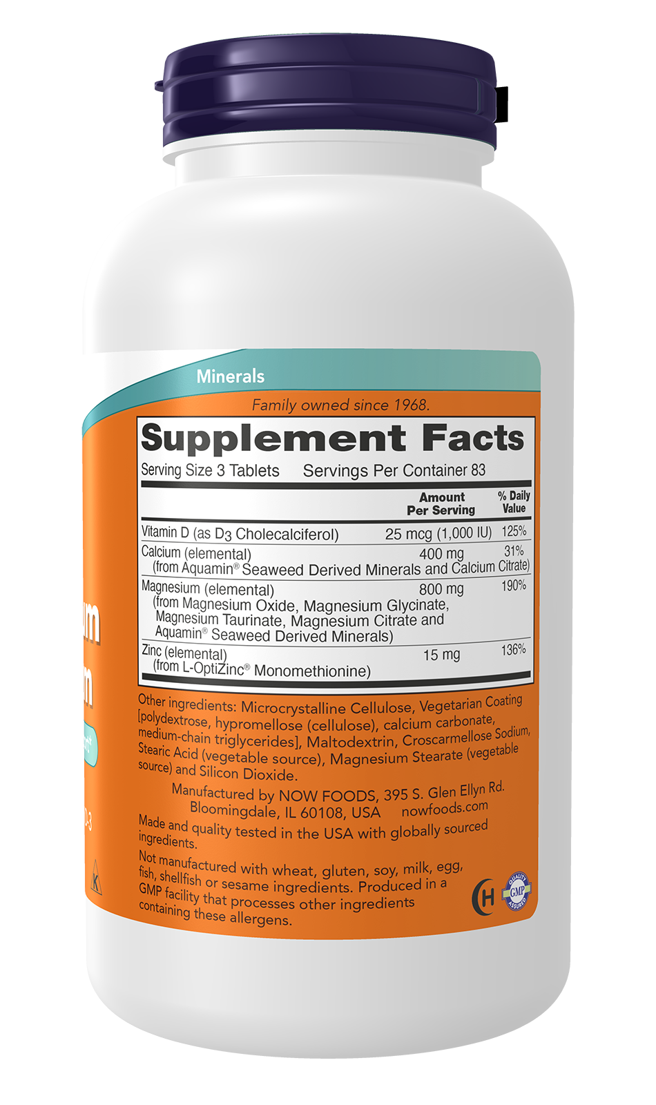 NOW Supplements, Magnesium & Calcium, With Vitamin D3 and Zinc, 250 Tabs