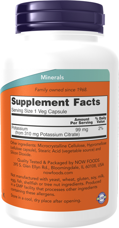 NOW Supplements, Potassium Citrate 99 mg, Essential Mineral, 180 Veg Caps