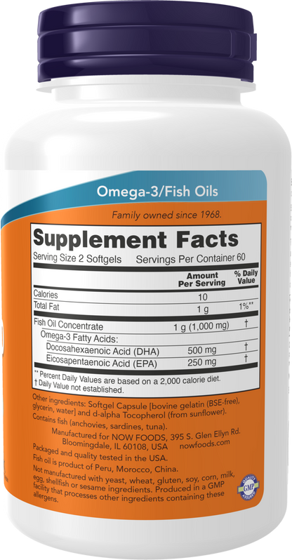 NOW Supplements, DHA-250 with 125 EPA, Molecularly Distilled, 120 Softgels