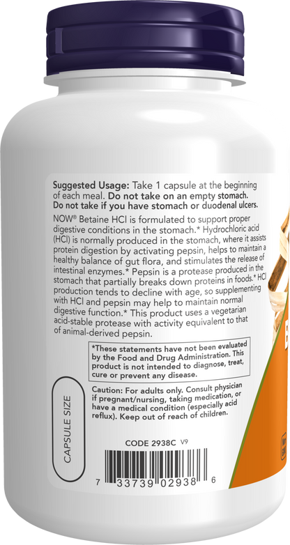 NOW Supplements, Betaine HCl 648 mg, Digestive Support*, 120 Veg Caps