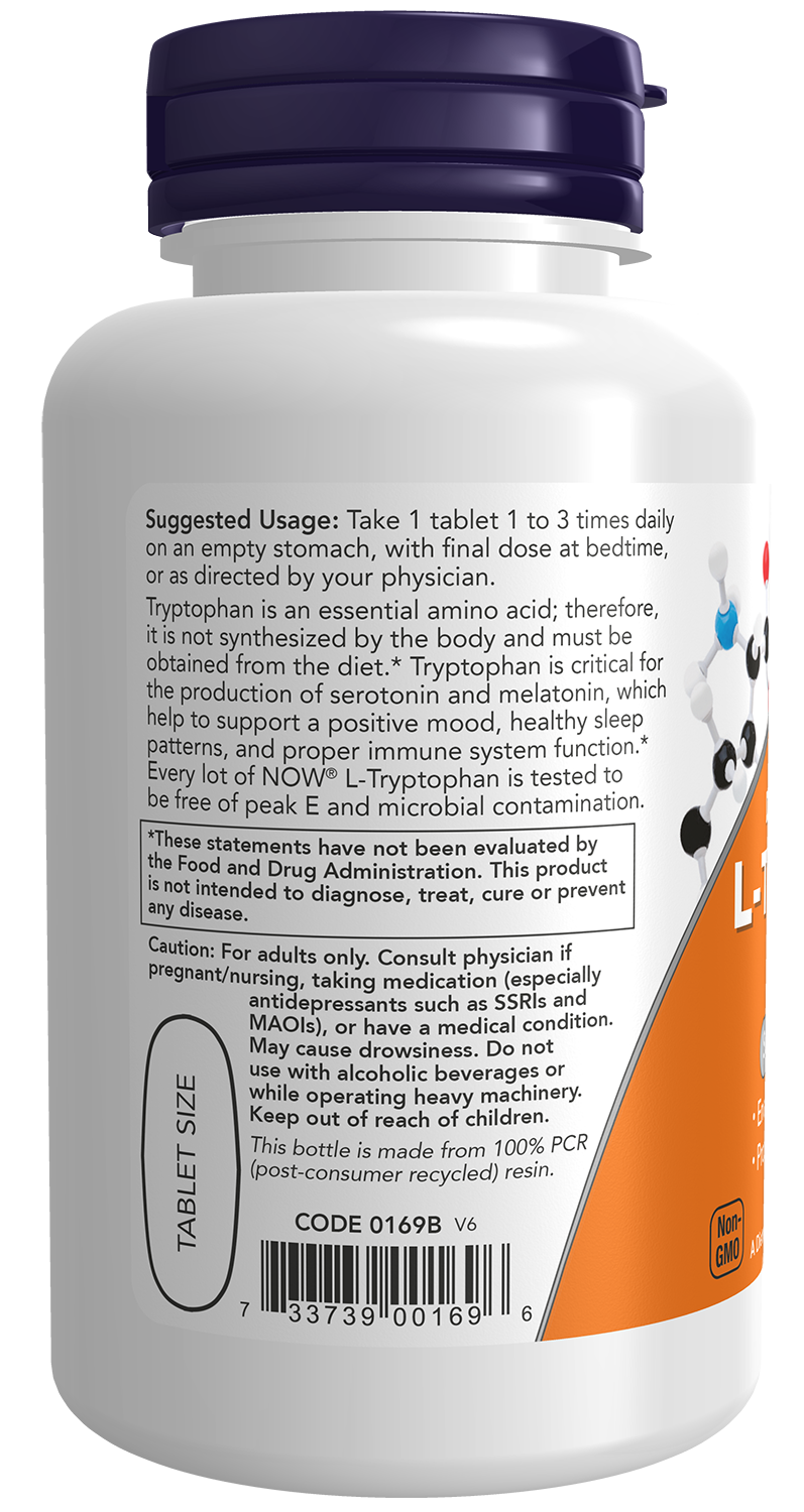 NOW Supplements, L-Tryptophan 1,000 mg, Supports Relaxation*, 60 Tabs