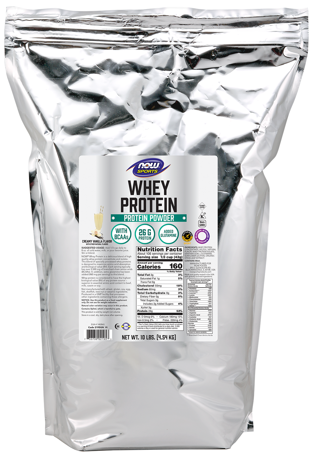NOW Sports, Whey Protein 26 g With BCAAs, Creamy Vanilla Flavor, 10 lbs