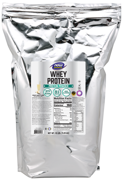 NOW Sports, Whey Protein 26 g With BCAAs, Creamy Vanilla Flavor, 10 lbs